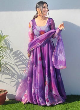 Floral Digital Print Purple Organza Anarkali Suit With Dupatta For Women After Six Wear