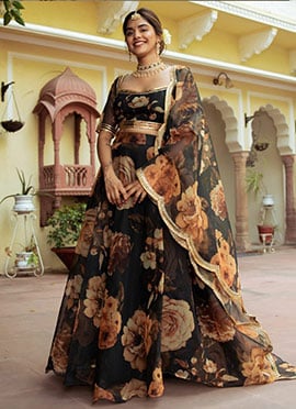 Floral Dreams Black Organza Digital Print Lehenga