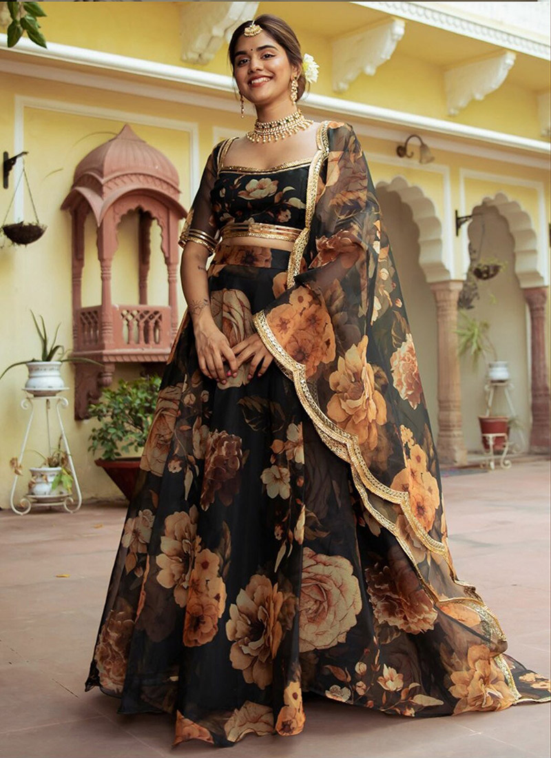 Floral Dreams Black Organza Digital Print Lehenga Festive Wear