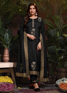 Floral Embroidered Jacquard Hand Work Black Viscose Straight Pant Suit
