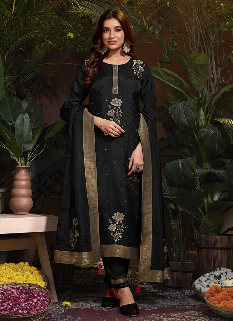 Floral Embroidered Jacquard Hand Work Black Viscose Straight Pant Suit Party Wear