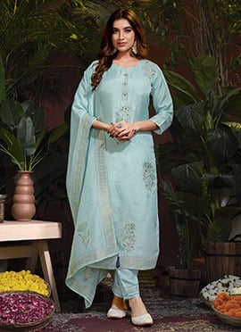 Floral Embroidered Jacquard Hand Work Sky Blue Viscose Straight Pant Suit