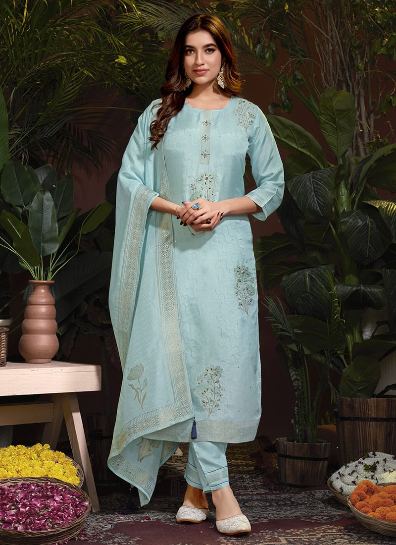 Floral Embroidered Jacquard Hand Work Sky Blue Viscose Straight Pant Suit