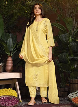 Floral Embroidered Jacquard Hand Work Yellow Viscose Straight Pant Suit
