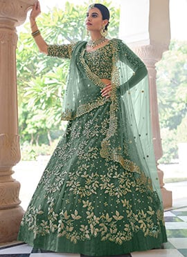 Floral Embroidered Net Umbrella Lehenga