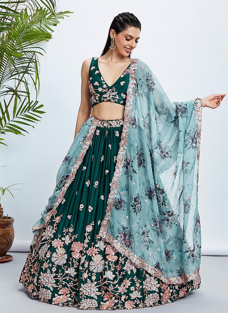 Floral Embroidered Sequins Bottle Green A Line Lehenga With Waist Band