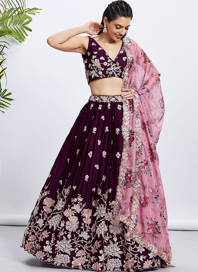 Floral Embroidered Sequins Burgundy A Line Lehenga With Waist Band Party Wear