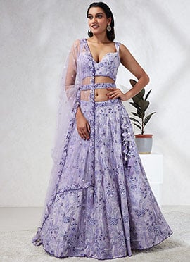 Floral Embroidered Sequins Lavender A Line Lehenga With Waist Band