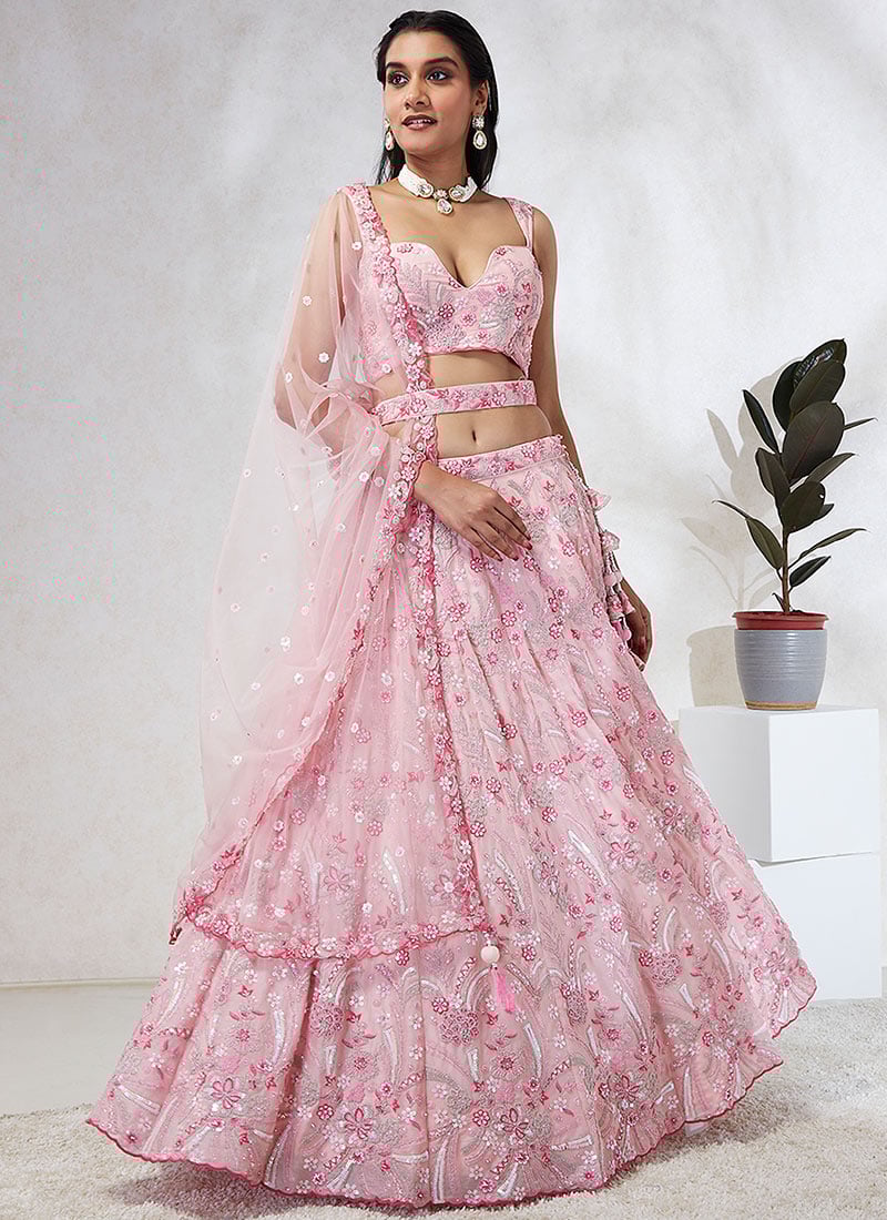 Floral Embroidered Sequins Pink A Line Lehenga With Waist Band Party Wear