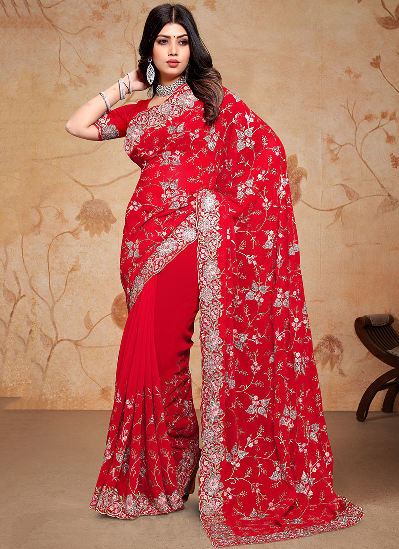 Red Saree with Heavy Silver Zari Floral Embroidery and Scalloped Border