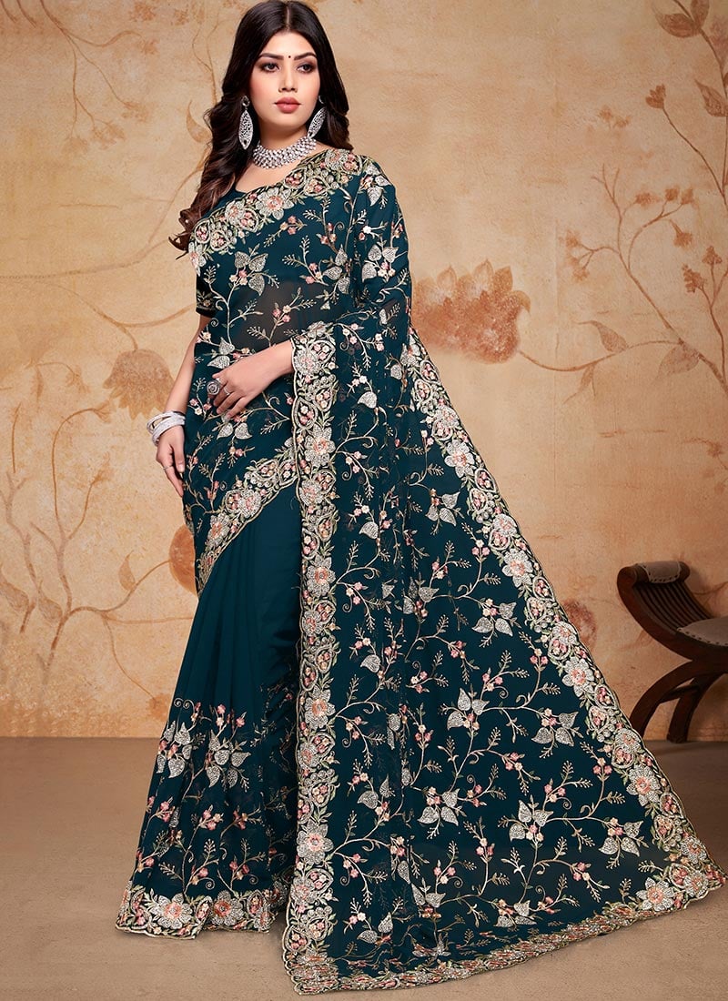 Floral Embroidered Sequins Resham Zari Work Teal Saree Party Wear