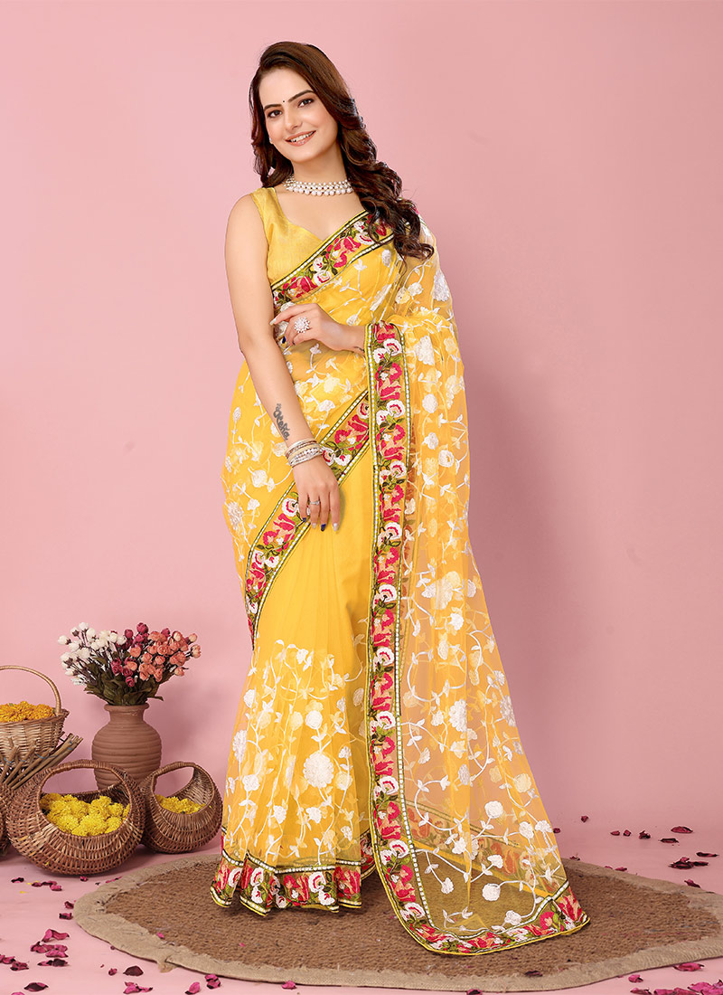 Floral Embroidered Yellow Net Border Saree With Blouse Party Wear-SASACY7403
