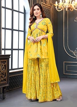 Floral Print Embroidered Yellow Sharara Suit