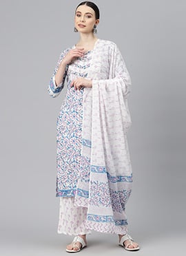 Floral Print Gota Work Cotton Off White Palazzo Suit With Dupatta
