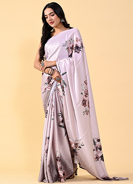 Floral Print Light Grey Color Satin Silk Saree