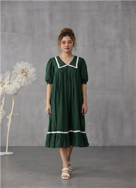 Forest Green Cotton Gathered Midi Dress With Contr