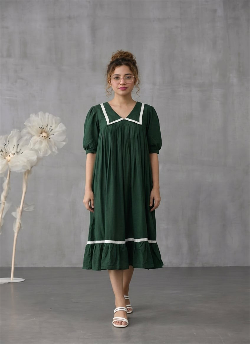 Forest Green Cotton Gathered Midi Dress With Contr After Six Wear