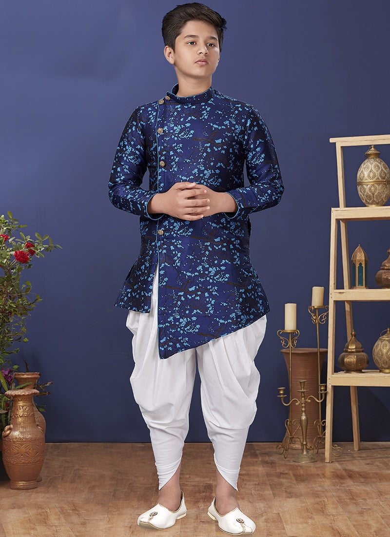 French Navy Blue Jacquard Silk Indowestern Sherwani Wedding Wear