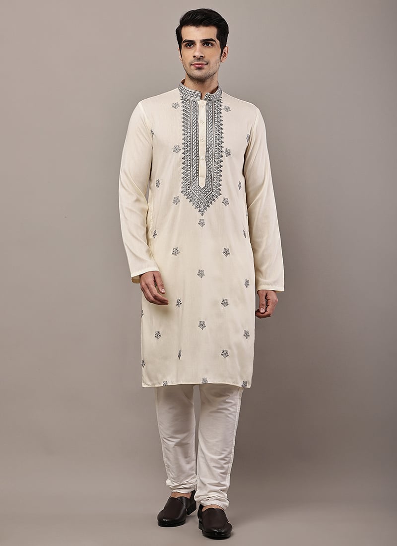 Fresh Cloud White Viscose Silk Embroidered Sequins Kurta Pyjama Festive Wear
