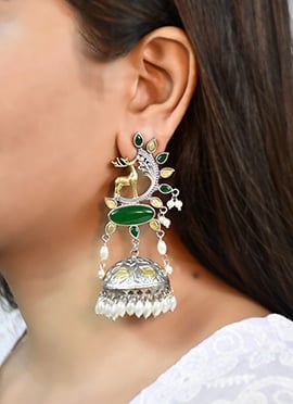 Fresh Dark Green Kundan Beads Oxidised Jhumka