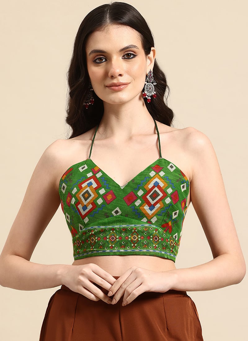 Fresh Green Chanderi Ikat Printed Blouse After Six Wear