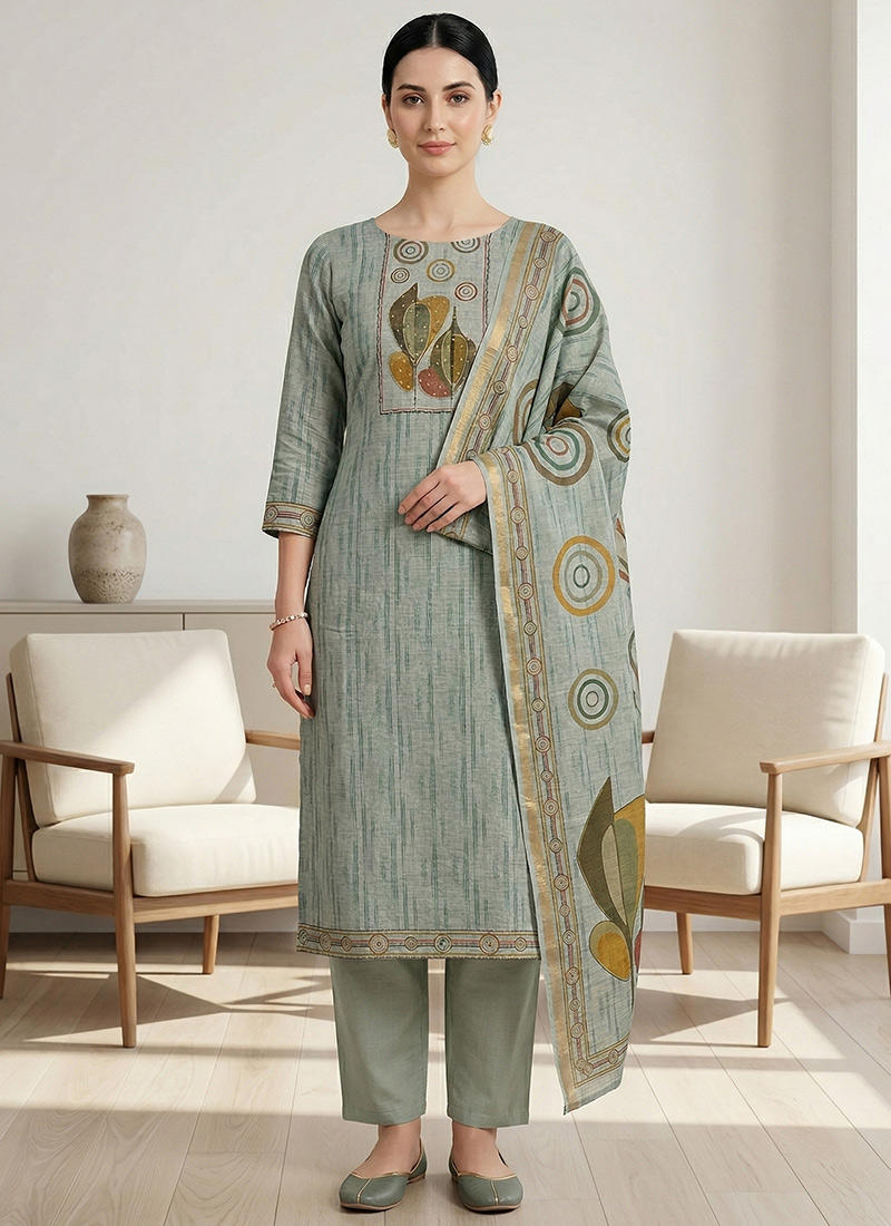 Fresh Green Linen Shimmer Digital Print Straight Pant Suit After Six Wear