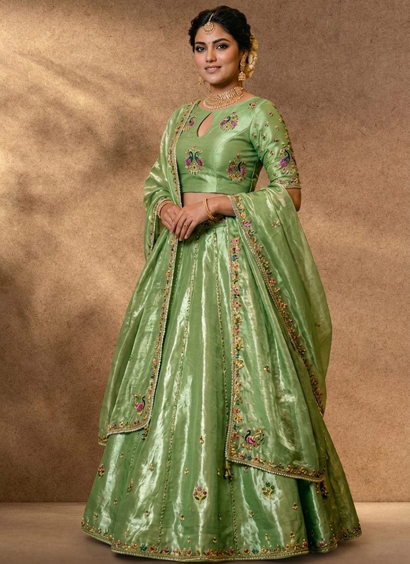 Fresh Green Organza Resham Embroidered Umbrella Lehenga Wedding Wear