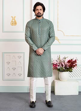 Fresh Green Silk Sequins Classic Kurta Pyjama