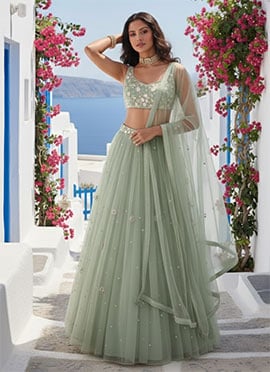 Fresh Light Green Net Zari Sequins Hand Embroidered Stones Umbrella Lehenga