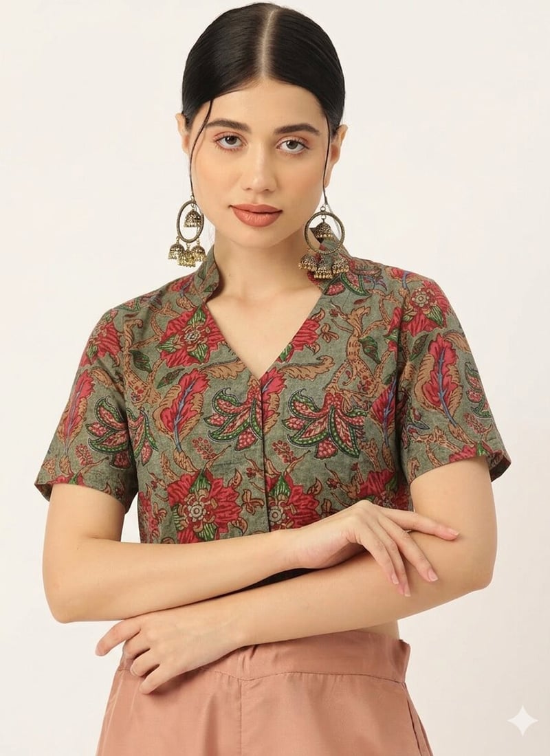 Fresh Olive Green Cotton Printed Blouse After Six Wear