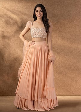 Fresh Peach Faux Georgette Beads Stones Hand Embroidered A Line Lehenga
