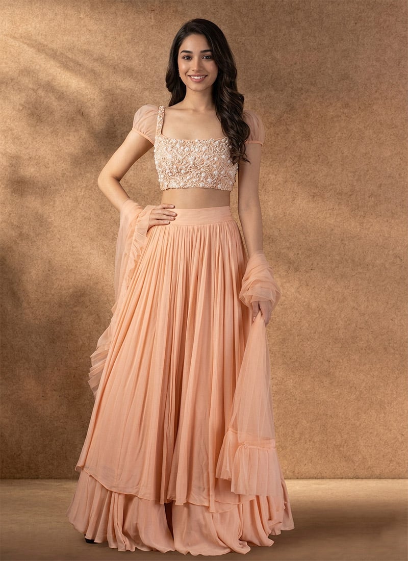 Fresh Peach Faux Georgette Beads Stones Hand Embroidered A Line Lehenga Wedding Wear