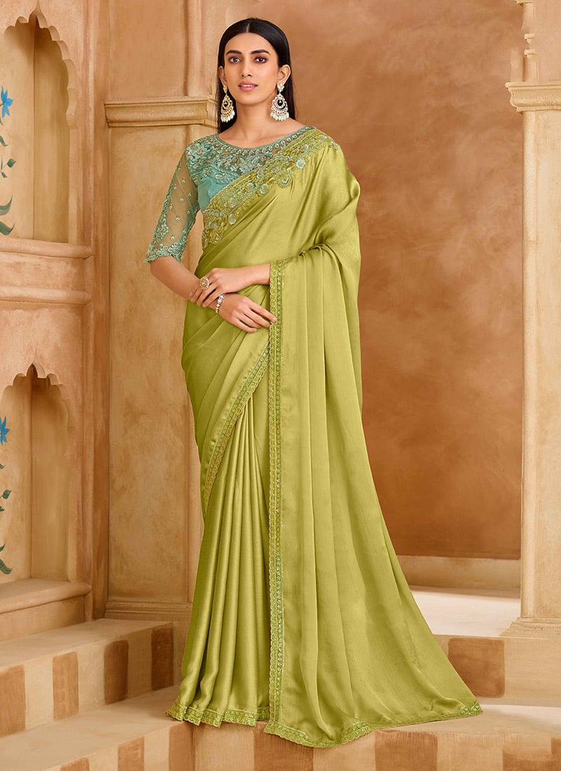 Fresh Pista Green Chiffon Embroidered Sequins Zari Beads Cutdana Saree Wedding Wear