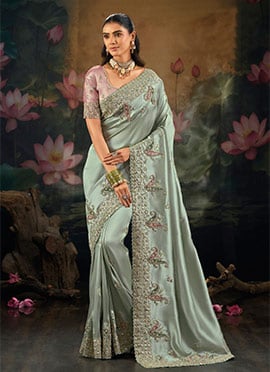 Fresh Pista Green Ziraf Silk Zari Embroidered Resham Mirror Work Moti Cutdana Saree