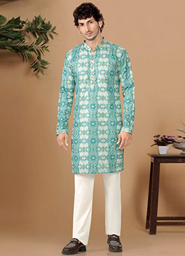 Fresh Sea Green Soft Cotton Sequins Embroidered Printed Kurta Pyjama