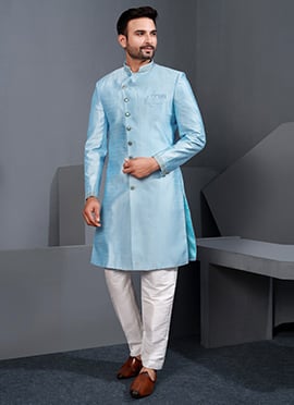Fresh Sky Blue Silk Lace Work Indowestern Sherwani
