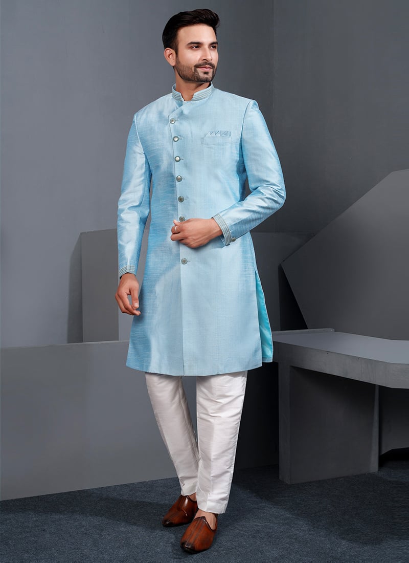Fresh Sky Blue Silk Lace Work Indowestern Sherwani Wedding Wear