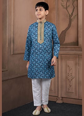 Fresh Teal Cotton Printed Kids Boys Kurta Pyjama