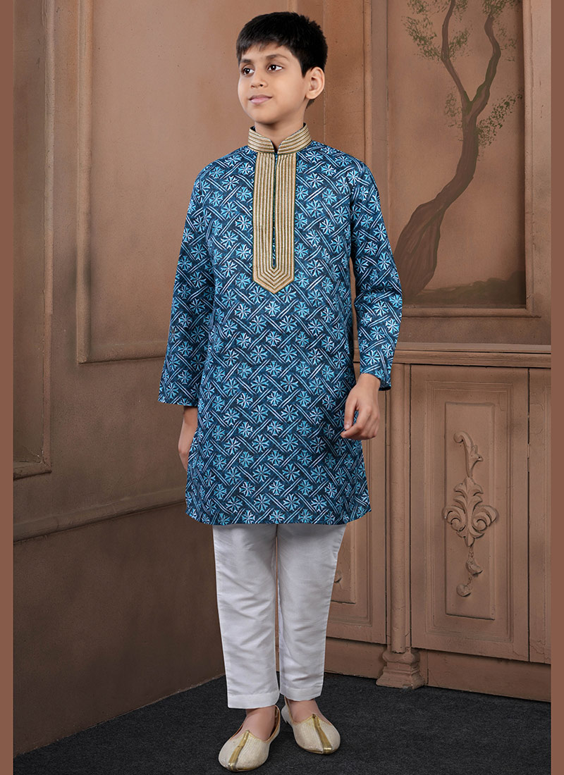 Fresh Teal Cotton Printed Kids Boys Kurta Pyjama Festive Wear