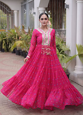 Fuchsia Pink Georgette Bandhini Printed Kutchi Patch Work Gown For Navratri Nights