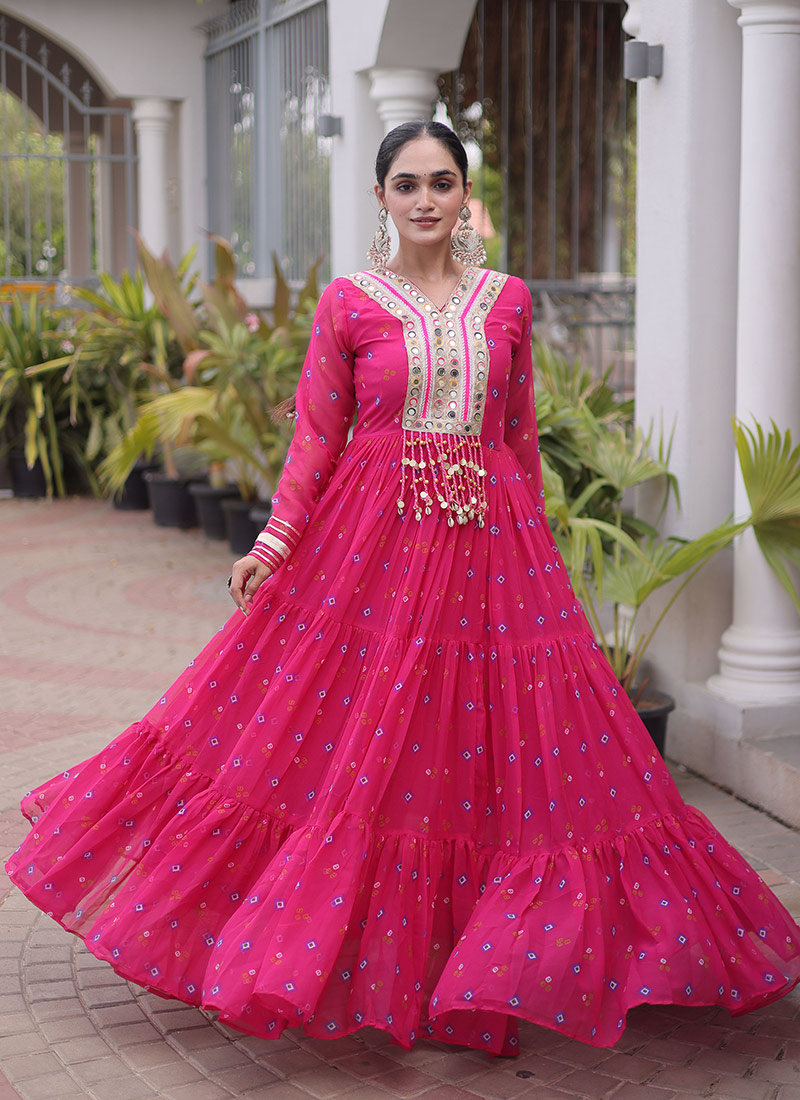 Fuchsia Pink Georgette Bandhini Printed Kutchi Patch Work Gown For Navratri Nights Festive Wear
