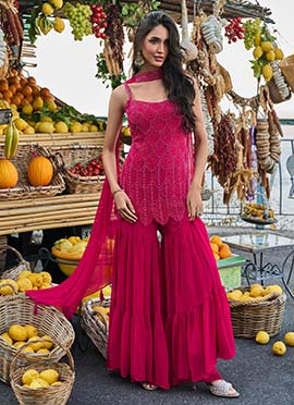 Fuchsia Pink Georgette Beads Embroidered Sharara Suit
