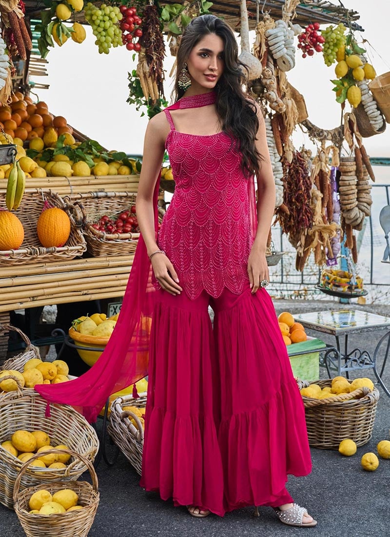 Fuchsia Pink Georgette Beads Embroidered Sharara Suit After Six Wear