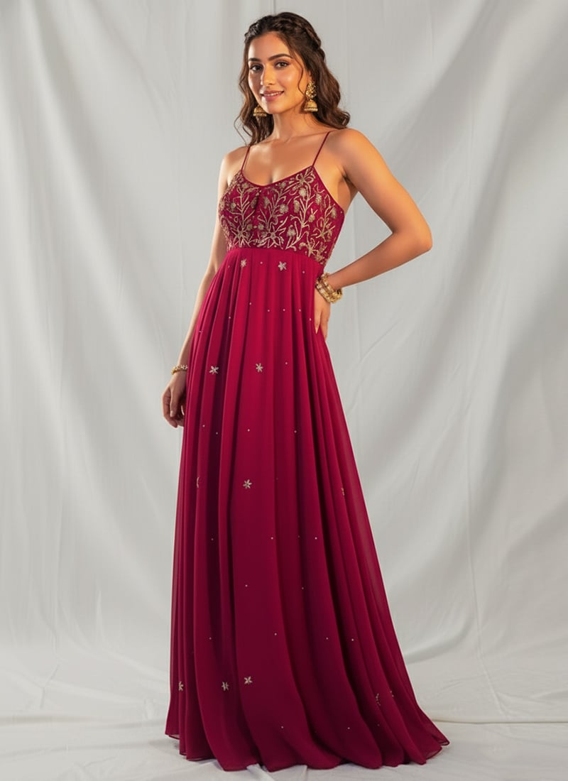 Fuchsia Pink Georgette Zari Stone And Sequins Anarkali Suit Festive Wear