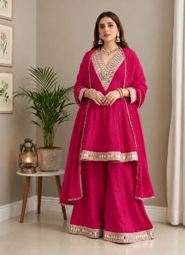 Fuchsia Pink Mirror Work Chinon Palazzo Suit