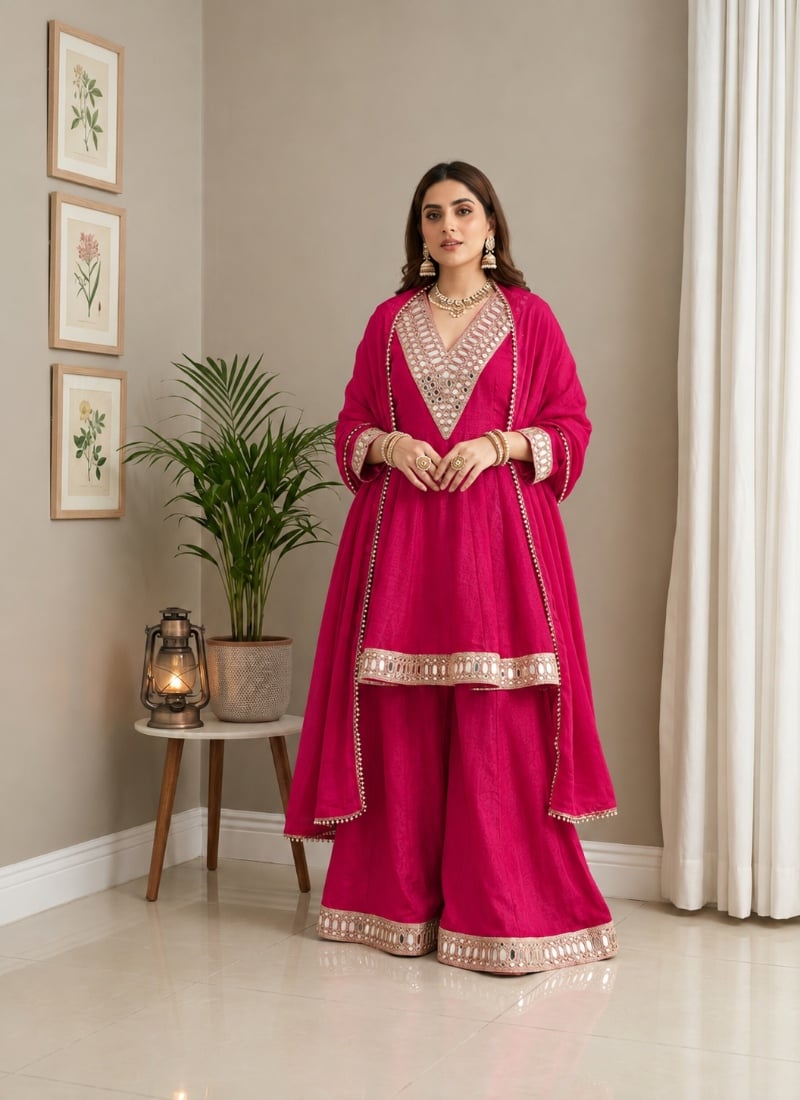 Fuchsia Pink Mirror Work Chinon Palazzo Suit After Six Wear