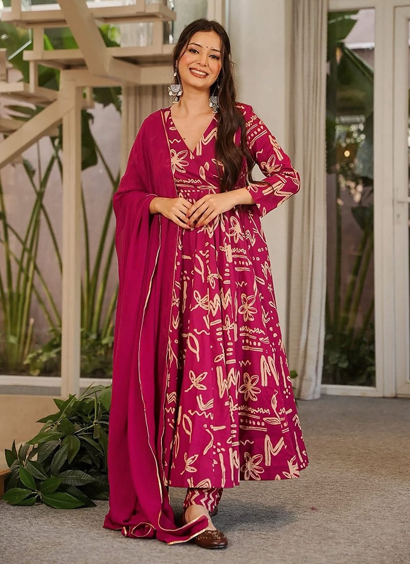 Fuchsia Pink Muslin Digital Print Anarkali Suit Festive Wear