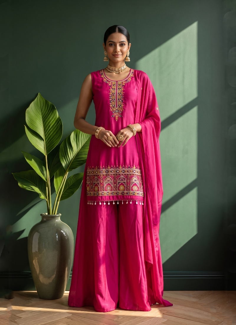 Fuchsia Pink Sequins Embroidered Chinon Palazzo Suit After Six Wear
