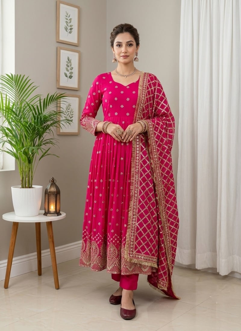 Fuchsia Pink Sequins Embroidered Georgette Anarkali Suit After Six Wear