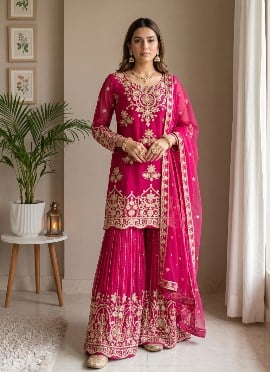 Fuchsia Pink Sequins Embroidered Net Palazzo Suit
